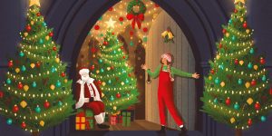 Banner showing a cartoon Christmas scene