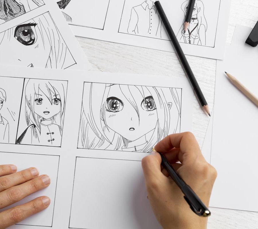 The artist draws anime comics on paper. Storyboard for the cartoon. The illustrator creates sketches for the book. Manga style.