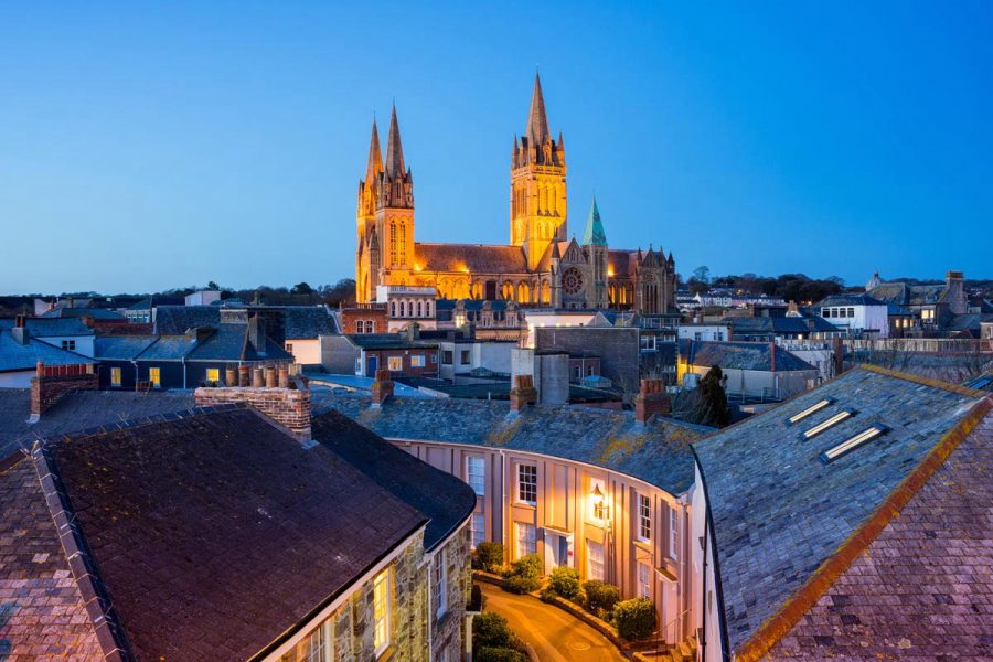 Rooftop view of Truro Cornwall England with the Cathedral illuminated at dusk