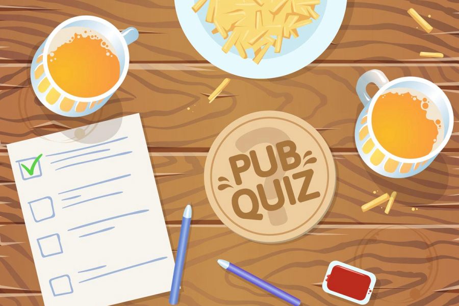 Quiz night in the pub. Wooden pub table with quiz list, fries and beer. Vector illustration. Horizontal.
