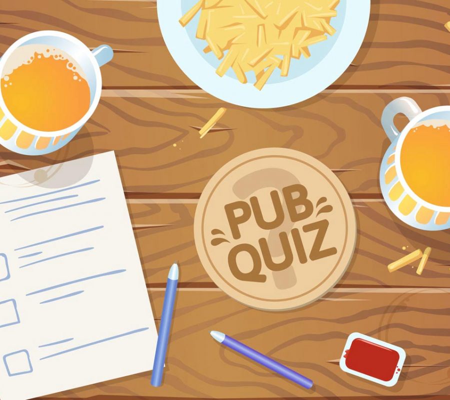 Quiz night in the pub. Wooden pub table with quiz list, fries and beer. Vector illustration. Horizontal.