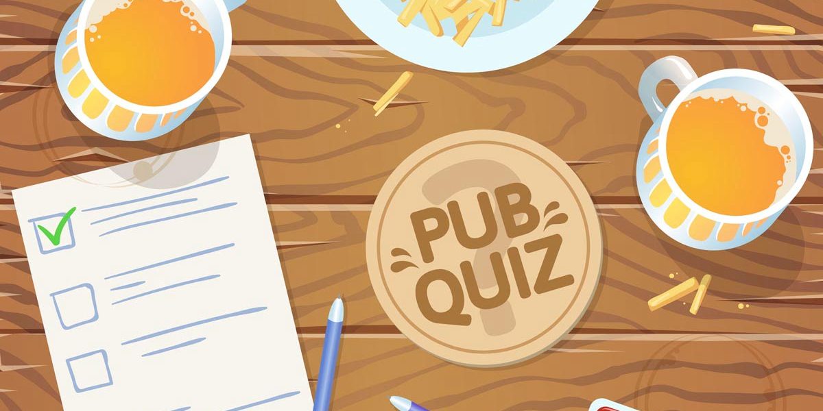Quiz night in the pub. Wooden pub table with quiz list, fries and beer. Vector illustration. Horizontal.