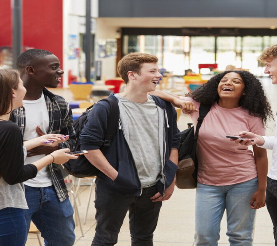Student Group Socializing In Communal Area Of Busy College